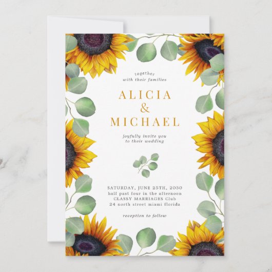 Elegant zonnebloem-eucalyptusbruinhuwelijk kaart (Voorkant)