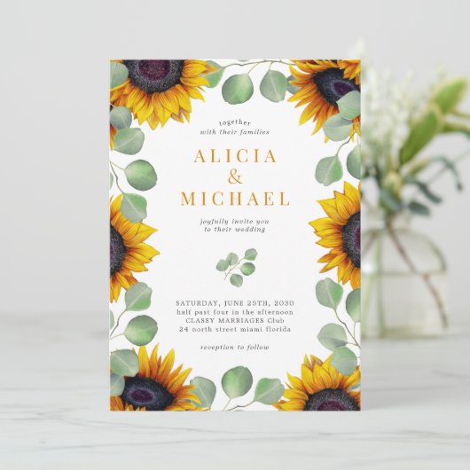 Elegant zonnebloem-eucalyptusbruinhuwelijk kaart (Staand voorkant)