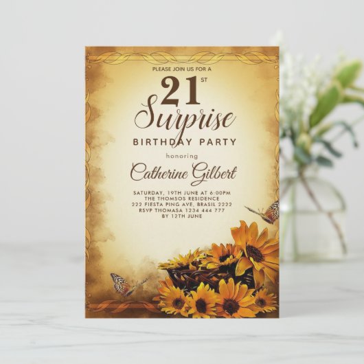 Elegant zonnebloem met vlinder 21e verjaardag kaart (Staand voorkant)