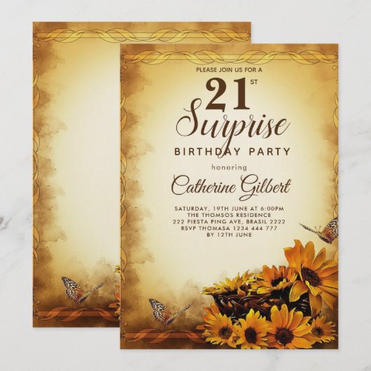 Elegant zonnebloem met vlinder 21e verjaardag kaart (Voorkant / Achterkant)