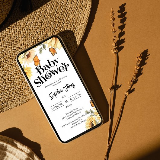 Elegant Zonnebloem & Vlinder Baby shower Kaart