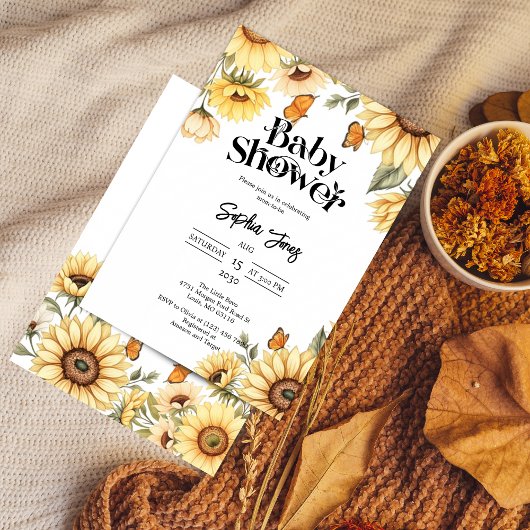 Elegant Zonnebloem & Vlinder Baby shower Kaart