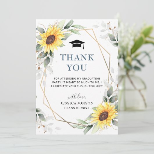 Elegant zonnebloemen Eucalyptus Rustisch Afstudere Bedankkaart (Staand voorkant)