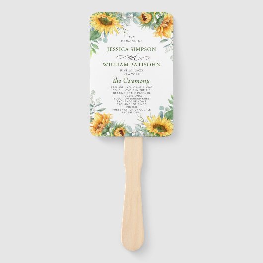 Elegant Zonnebloemen Eucalyptus Trouwprogramma Handwaaier (Voorkant)