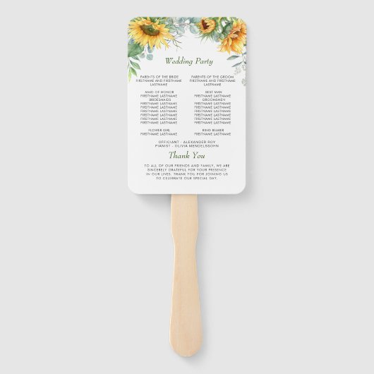 Elegant Zonnebloemen Eucalyptus Trouwprogramma Handwaaier (Achterkant)