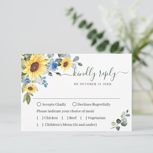 Elegant zonnebloemen Eucalyptus Weddenschap RSVP Kaartje (Staand voorkant)