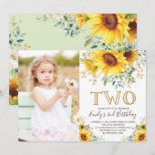 Elegant zonnebloemgroen 2e verjaardag foto kaart (Voorkant / Achterkant)