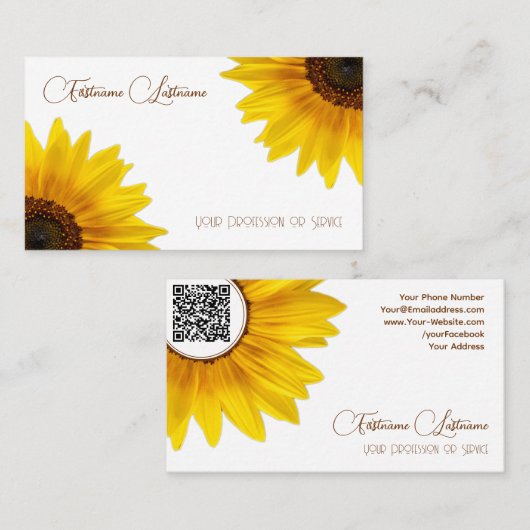 Elegant zonnebloemkalligrafie QR-code Visitekaartje (Voorkant / Achterkant)