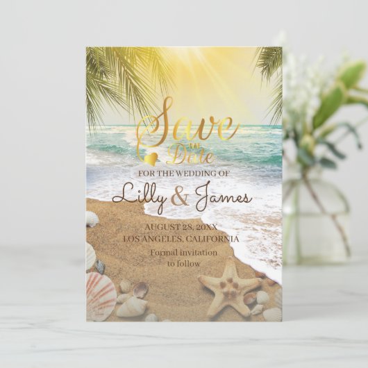 Elegant zonneschijn en blauw oceaanstrand save the date (Staand voorkant)