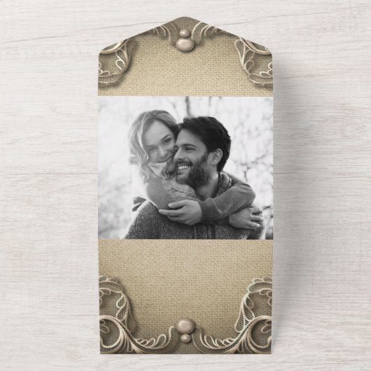 Elegant  Zuid-Charm Burlap Wedding All In One Uitnodiging (Buitenkant)