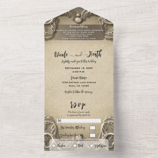 Elegant  Zuid-Charm Burlap Wedding All In One Uitnodiging (Binnen)