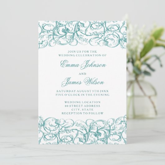 Elegant  zwaait rococo trouwuitnodiging kaart (Staand voorkant)