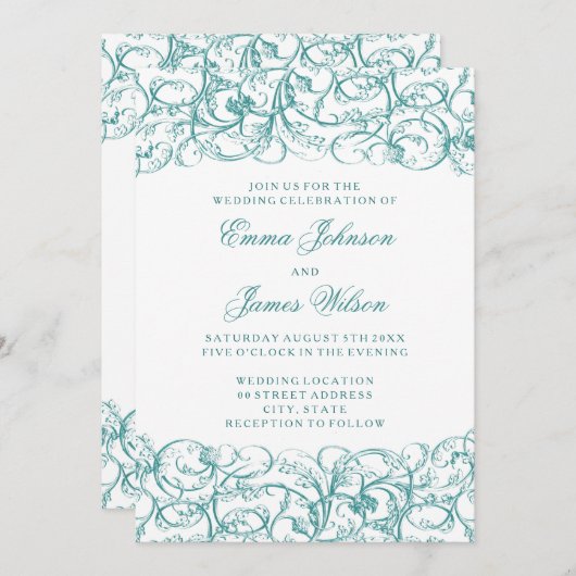 Elegant  zwaait rococo trouwuitnodiging kaart (Voorkant / Achterkant)