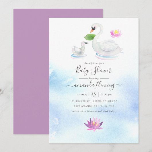 Elegant Zwaan en Lotus Waterverf Baby shower Kaart (Voorkant / Achterkant)