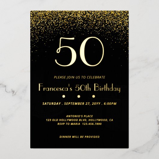Elegant Zwart 50e Verjaardag Folie Uitnodiging (Voorkant)