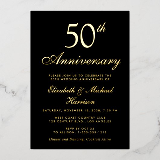 Elegant zwart 50ste bruiloft Jubileum goud Folie Uitnodiging (Voorkant)