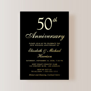 Elegant Zwart 50ste Huwelijksjubileum Goud Folie Uitnodiging