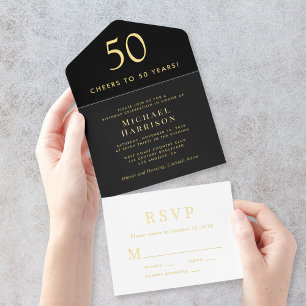 Elegant zwart 50ste verjaardagsfeestje all in one uitnodiging