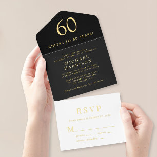 Elegant zwart 60ste verjaardagsfeestje all in one uitnodiging