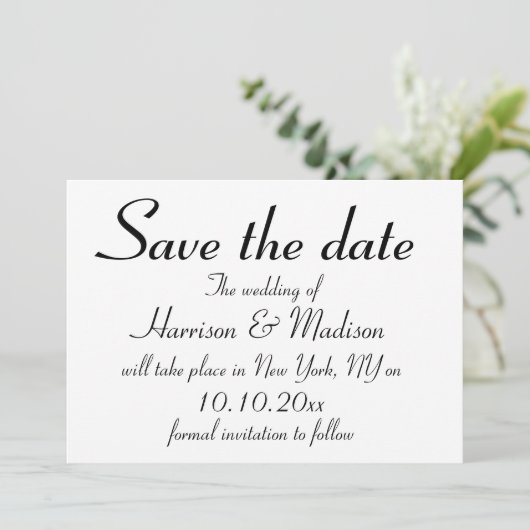 Elegant zwart aangepast script Calligraphy Wedding Save The Date (Staand voorkant)