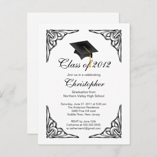 Elegant zwart Afstudeerder Pet Graduation Party In Uitnodiging Briefkaart (Voorkant / Achterkant)