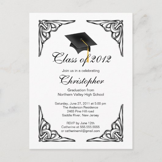 Elegant zwart Afstudeerder Pet Graduation Party In Uitnodiging Briefkaart (Voorkant)