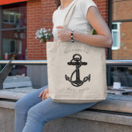 Elegant zwart anker nautisch gepersonaliseerd tote bag