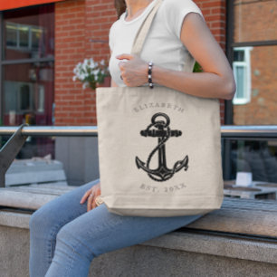 Elegant zwart anker nautisch gepersonaliseerd tote bag