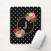 Elegant Zwart Antiek Bloemen Polka Dots Monogram Muismat (Met muis)