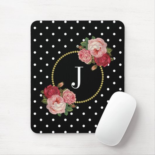 Elegant Zwart Antiek Bloemen Polka Dots Monogram Muismat (Met muis)