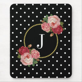 Elegant Zwart Antiek Bloemen Polka Dots Monogram Muismat
