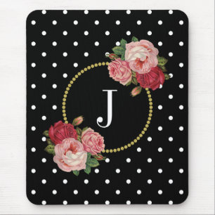 Elegant Zwart Antiek Bloemen Polka Dots Monogram Muismat