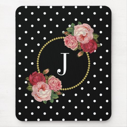 Elegant Zwart Antiek Bloemen Polka Dots Monogram Muismat (Voorkant)