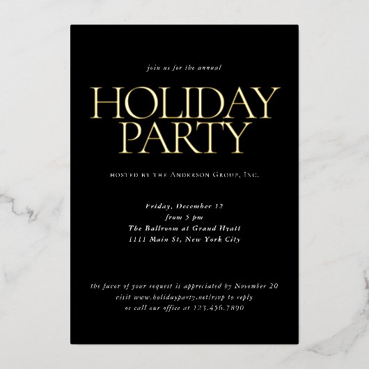 Elegant Zwart Bedrijf Vakantie Party Goud Folie Uitnodiging (Voorkant)