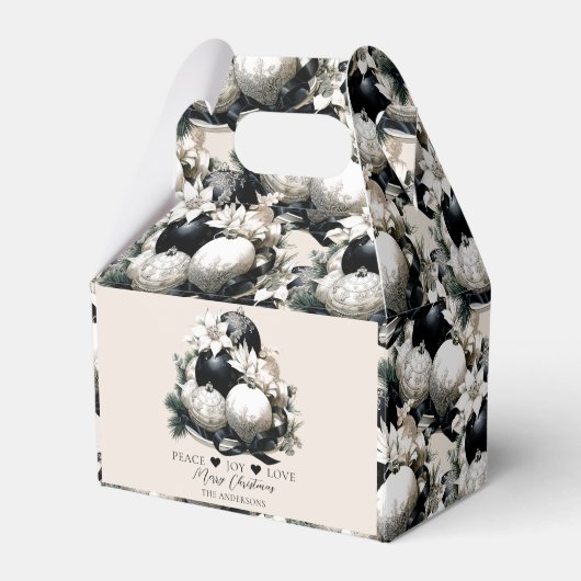 Elegant zwart beige ivoor kerst ornament bedankdoosjes (Voorkant Zijde)