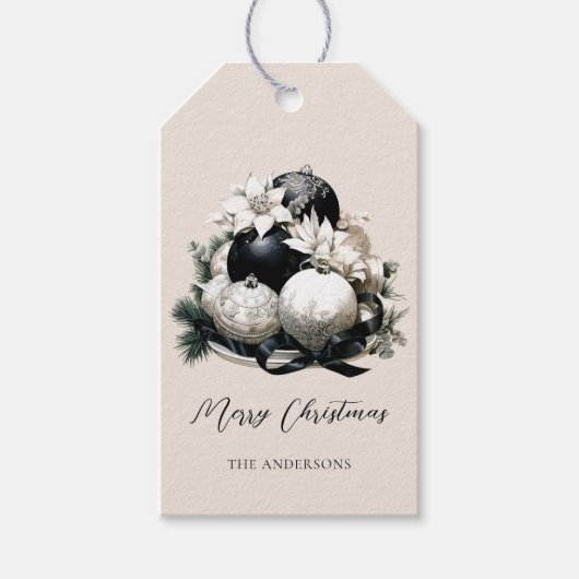 Elegant zwart beige ivoor kerst ornament cadeaulabel (Voorkant)