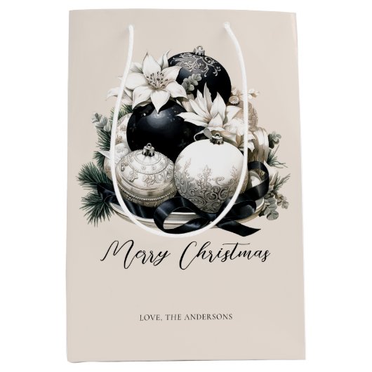 Elegant zwart beige ivoor kerst ornament medium cadeauzakje (Voorkant)