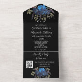 Elegant Zwart Blauw Bloemen Moderne RSVP QR Code All In One Uitnodiging (Binnen)
