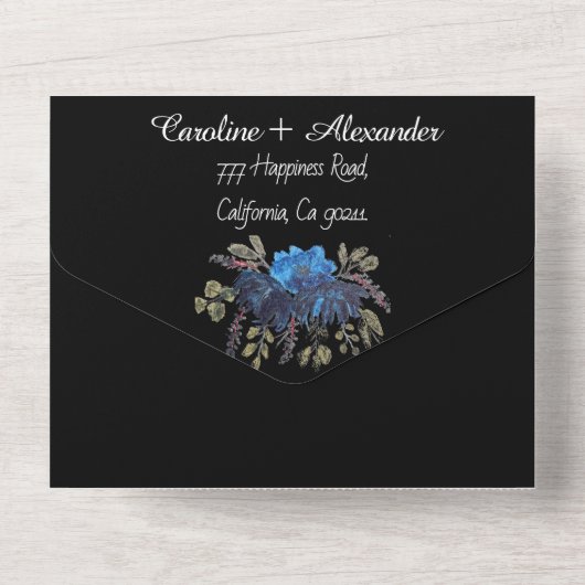 Elegant Zwart Blauw Bloemen Moderne RSVP QR Code All In One Uitnodiging (Achterkant)