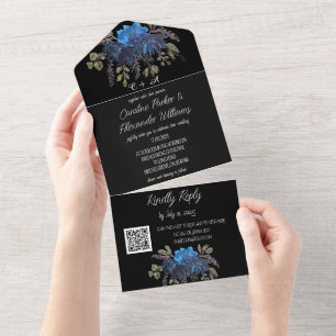 Elegant Zwart Blauw Bloemen Moderne RSVP QR Code All In One Uitnodiging