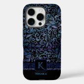 Elegant zwart blauw bloemenmonogram Case-Mate iPhone case (Achterkant)