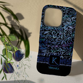 Elegant zwart blauw bloemenmonogram iPhone 16 pro hoesje