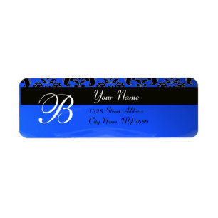 ELEGANT ZWART BLAUW DAMASK MONOGRAM ETIKET