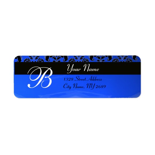 ELEGANT ZWART BLAUW DAMASK MONOGRAM ETIKET (Voorkant)