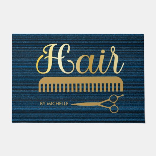 Elegant Zwart Blauw Haarstylist Salon Naam Deurmat (Voorkant)