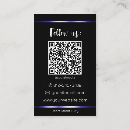 Elegant Zwart Blauw Lijnen Foto QR Code Sjabloon Visitekaartje (Achterkant)