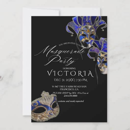 Elegant Zwart & Blauw Masker Maskerade Verjaardag Kaart (Voorkant)