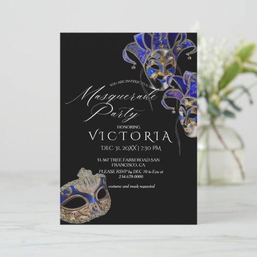 Elegant Zwart & Blauw Masker Maskerade Verjaardag Kaart (Staand voorkant)