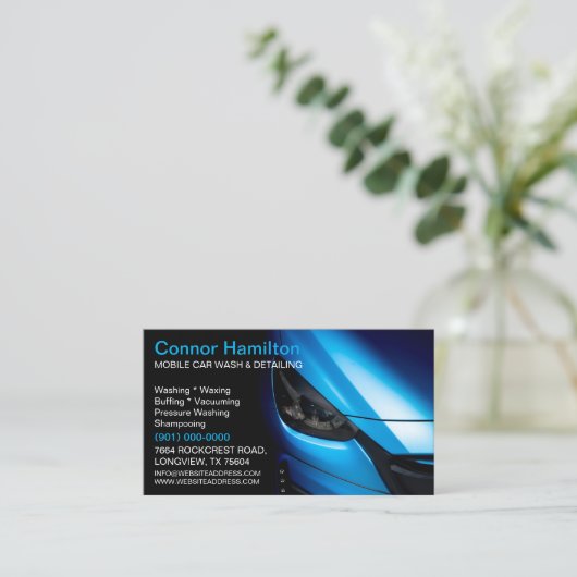 Elegant Zwart Blauw Mobiel Auto Wash Detail Visitekaartje (Staand voorkant)