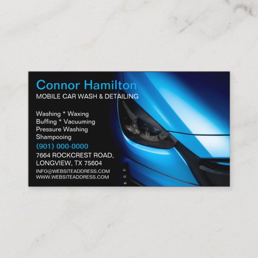 Elegant Zwart Blauw Mobiel Auto Wash Detail Visitekaartje (Voorkant)